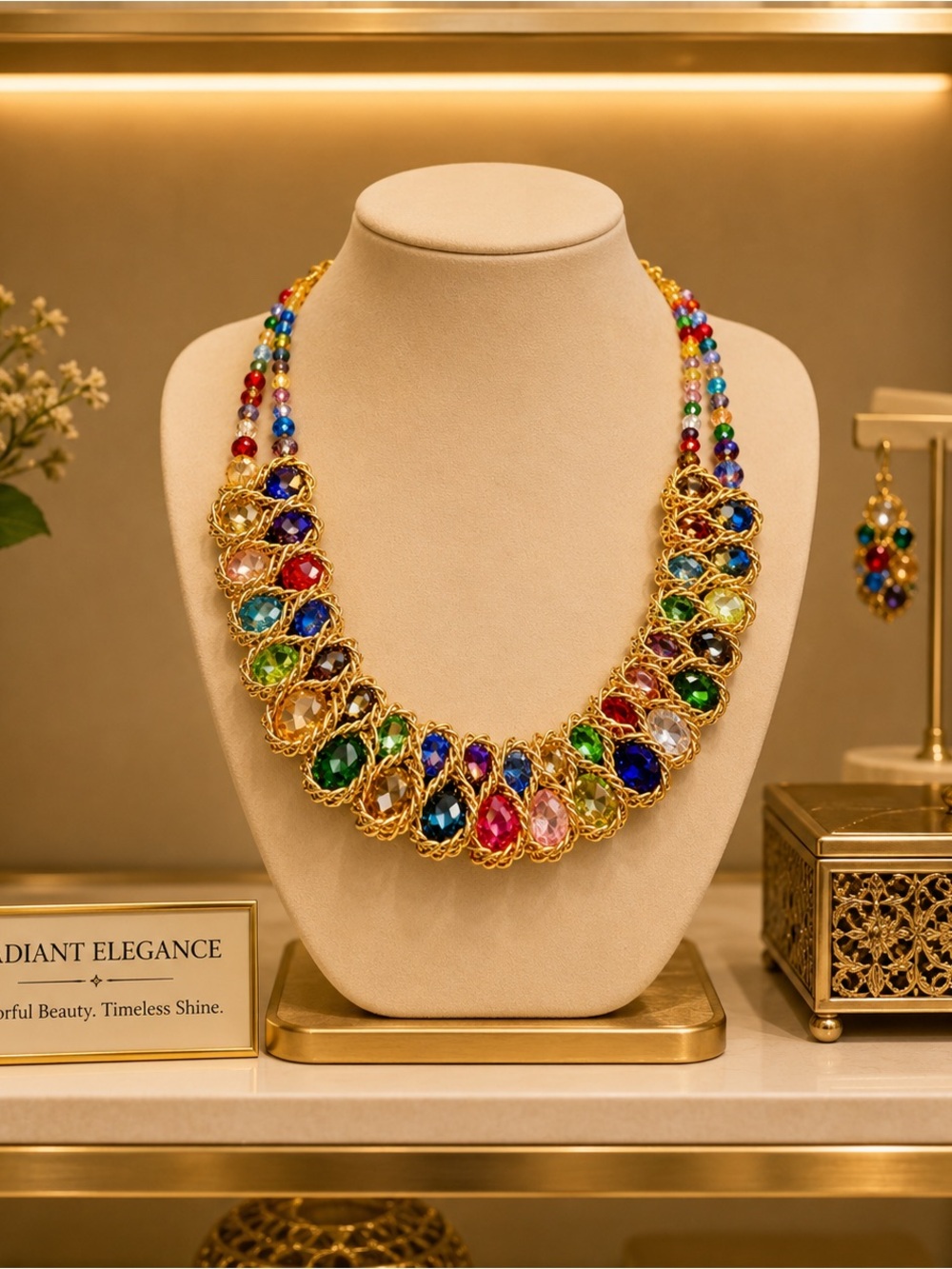 Multicolor Crystal Statement Necklace in Gold